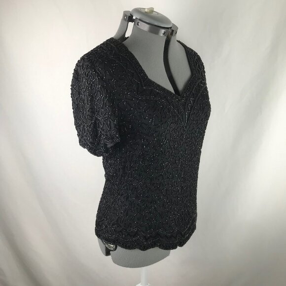 Vintage 80’s “Cote d’ Azur evening” black sparkly sequins beaded top, size M - Picture 5 of 10